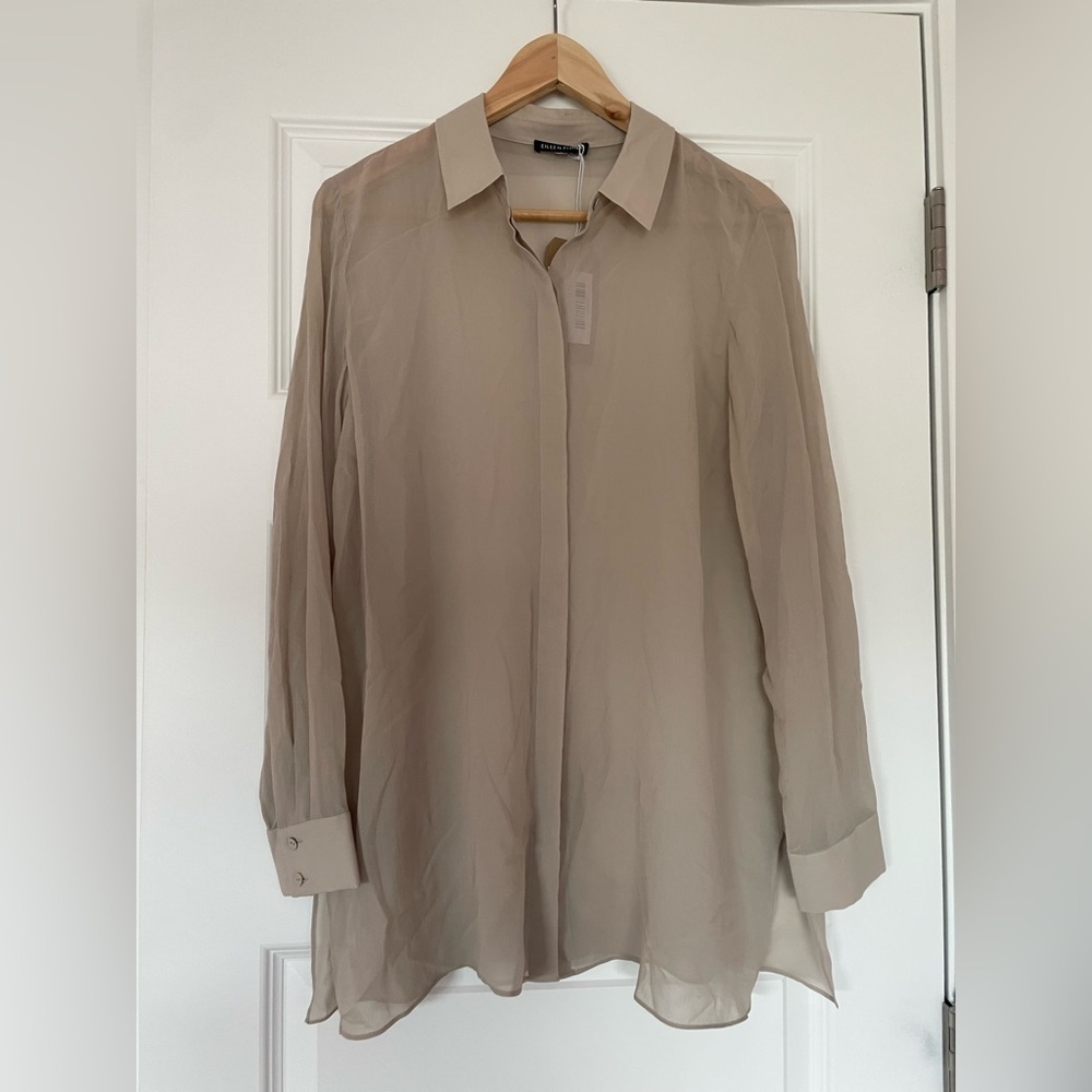Eileen Fisher Sheer Silk Georgette Classic Collar Shirt, Dove, XS - Picture 9 of 9